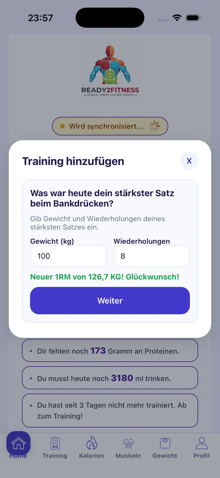 1RM Dialog mit Gewicht und Wiederholungen beim Bankdrücken