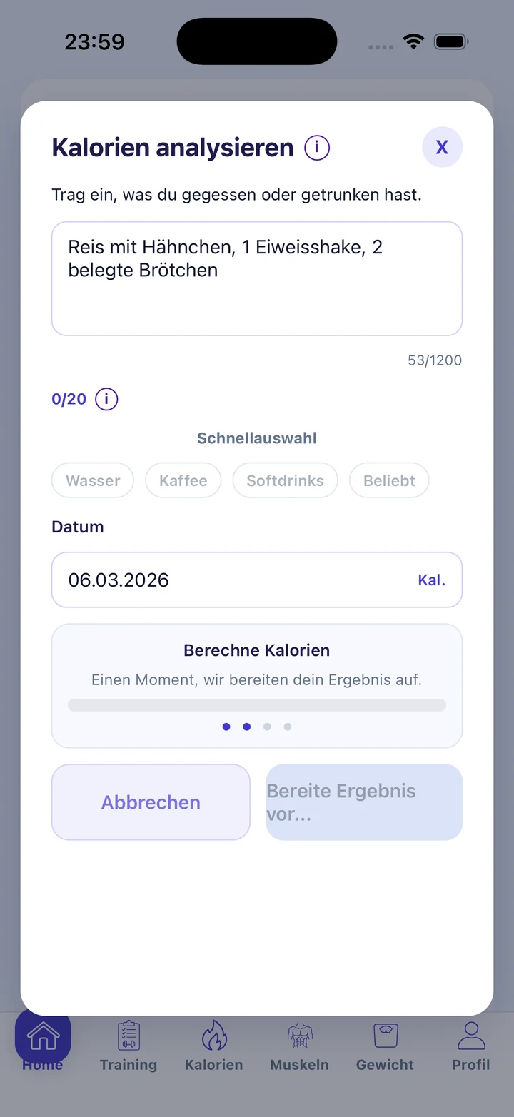 Kalorien analysieren Modal mit Freitext und Schnellauswahl