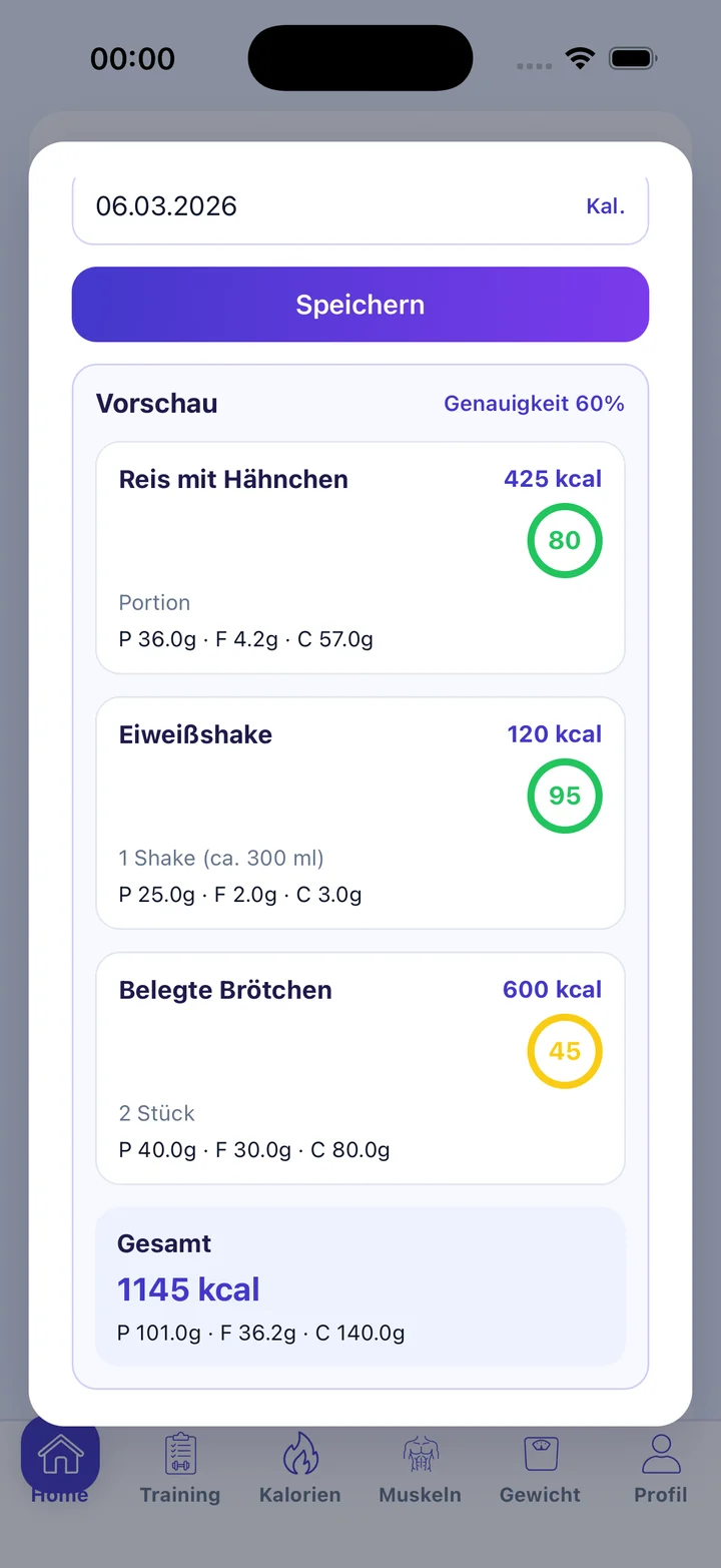 Ready2Fitness Kalorien Vorschau mit einzelnen Mahlzeiten und Makros
