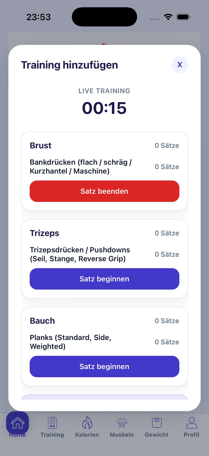 Ready2Fitness Live Krafttraining mit Timer, Übungen und Satzstatus