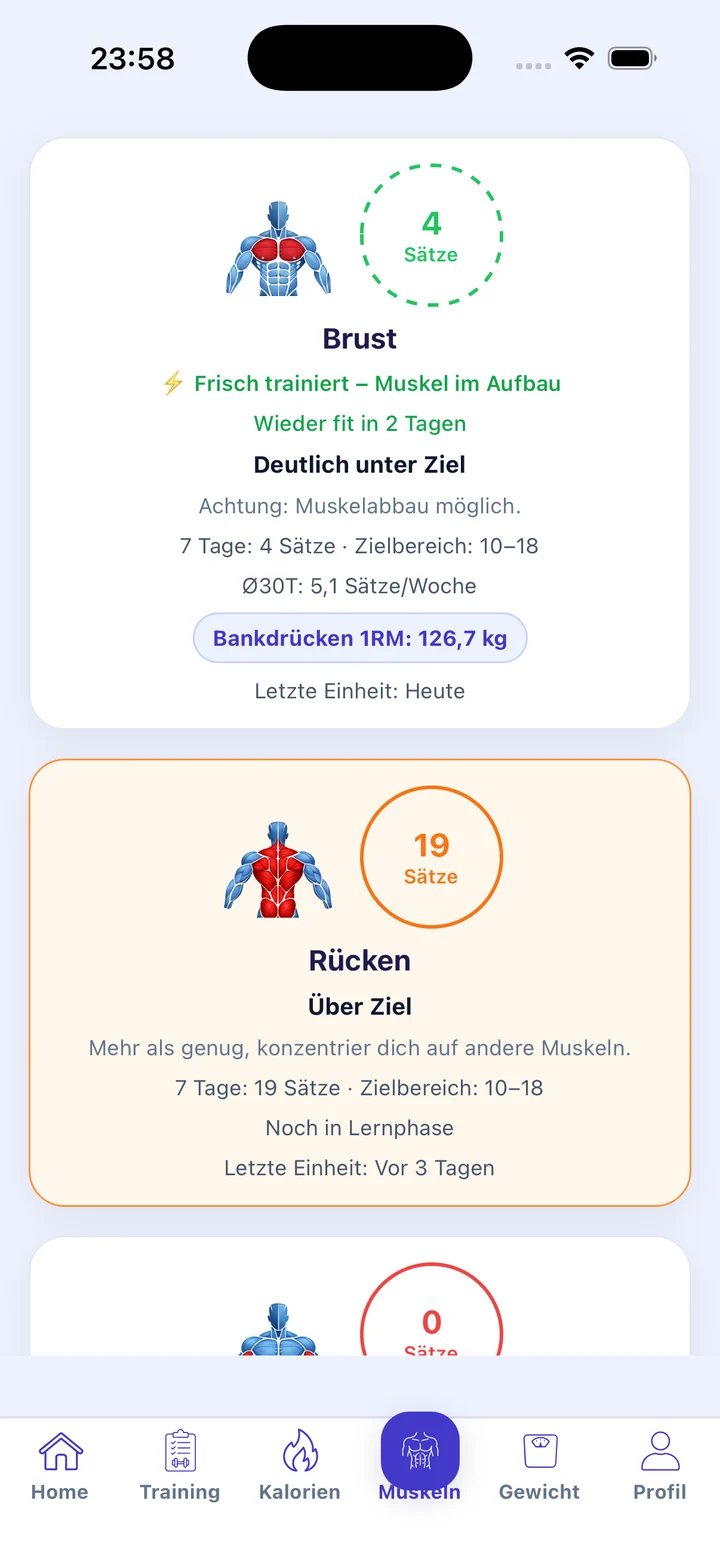 Ready2Fitness Muskelanalyse mit Satzvolumen und Recovery
